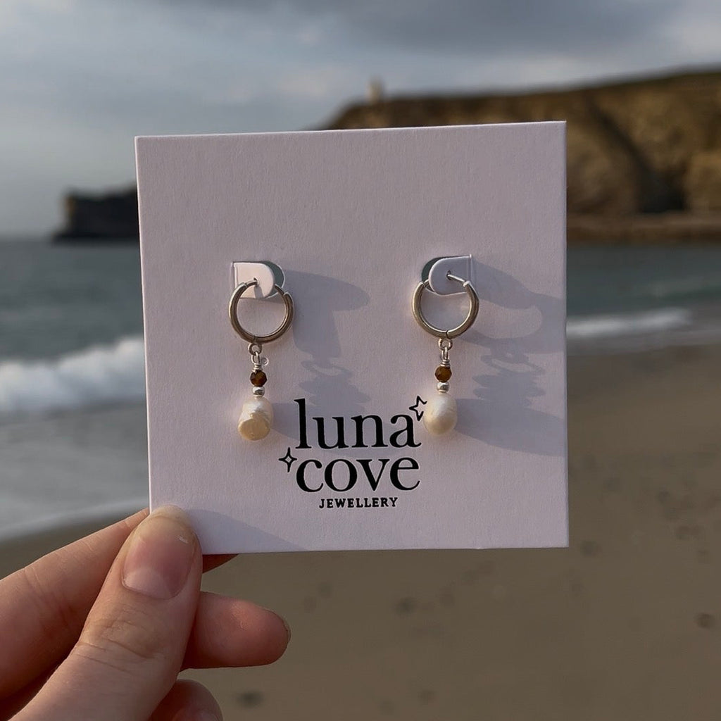 Freshwater Pearl Droplet Earrings - Tiger's Eye