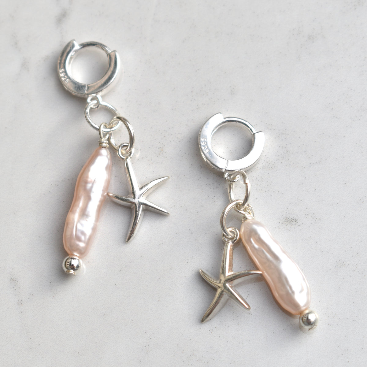 Pink Biwa Stick Pearl Earrings with Starfish Charm