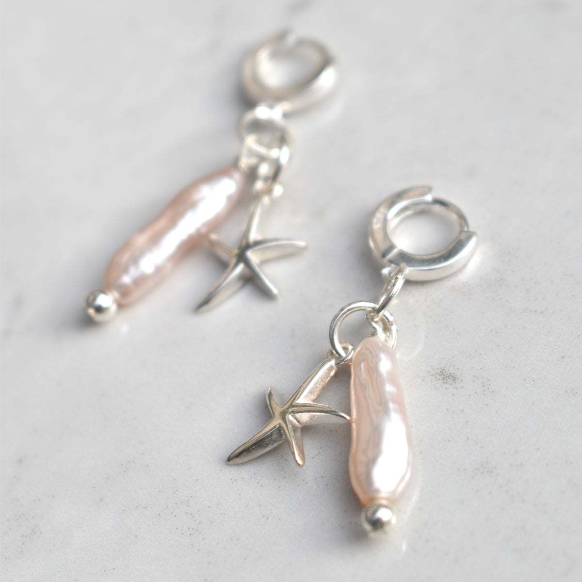 Pink Biwa Stick Pearl Earrings with Starfish Charm