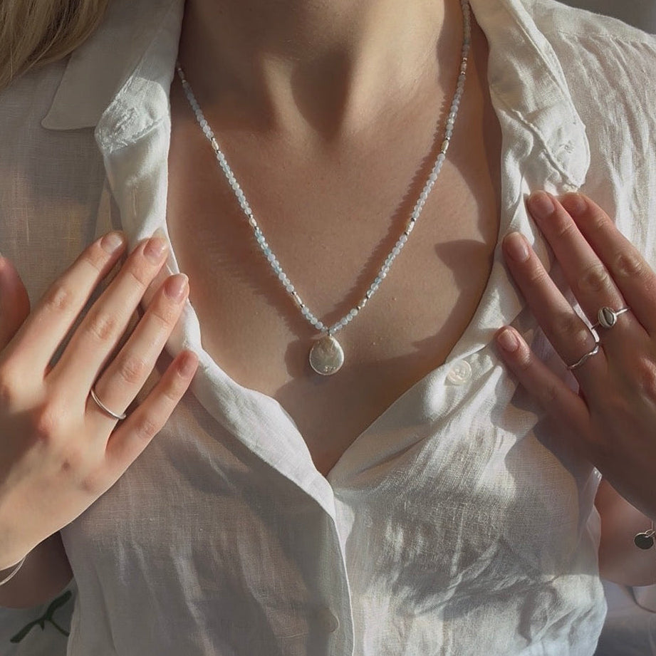 Charlotte Freshwater Pearl and Aquamarine Pendant Necklace