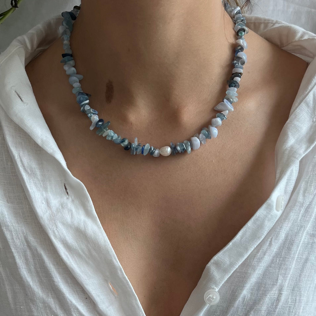 Stephanie Necklace – Aquamarine, Blue Lace Agate & Kyanite