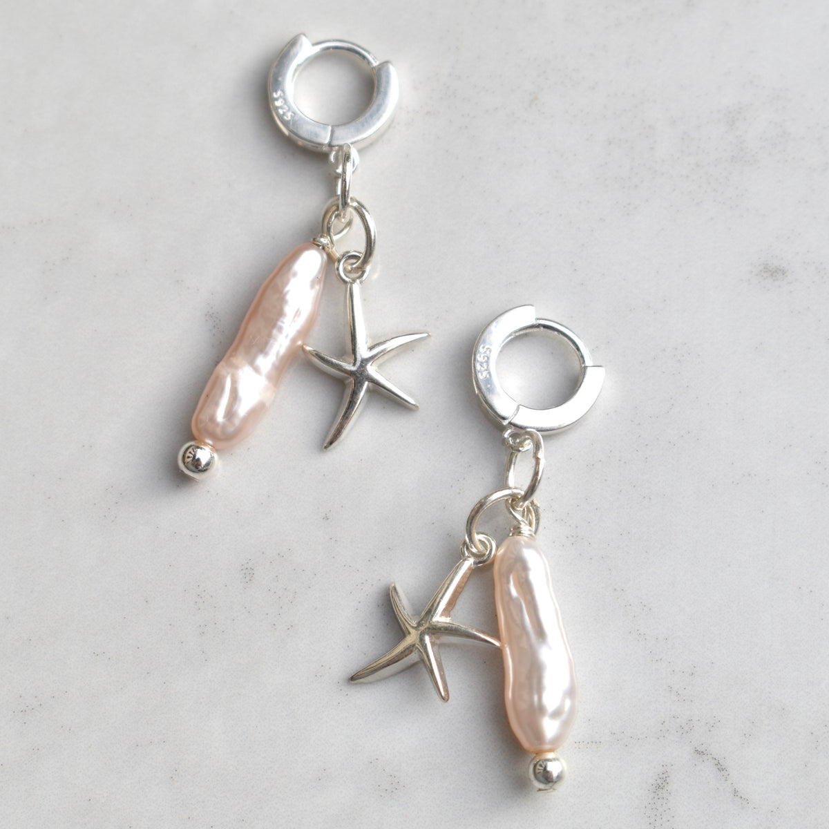 Pink Biwa Stick Pearl Earrings with Starfish Charm