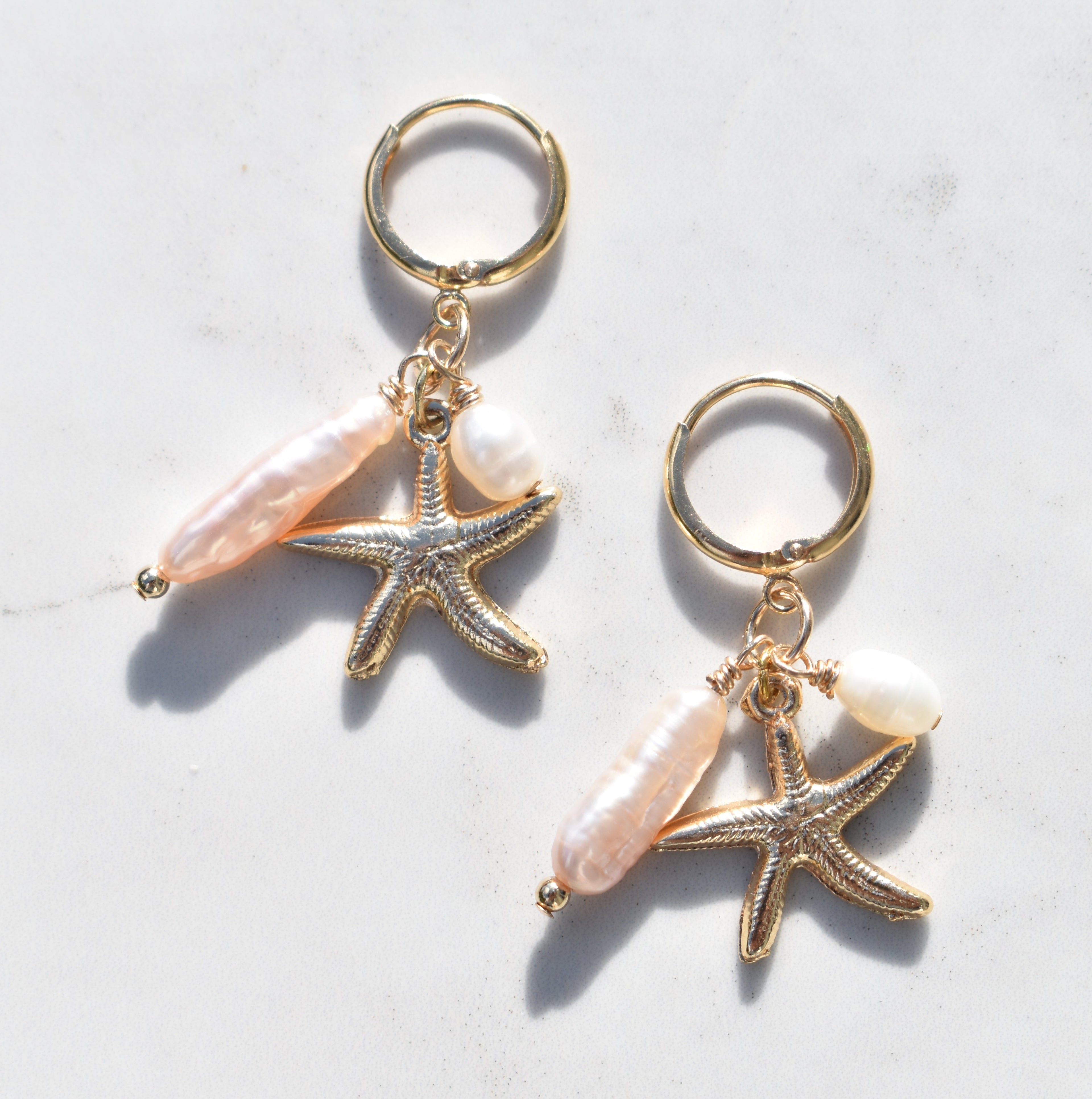 Pink Biwa Pearl Starfish Hoops