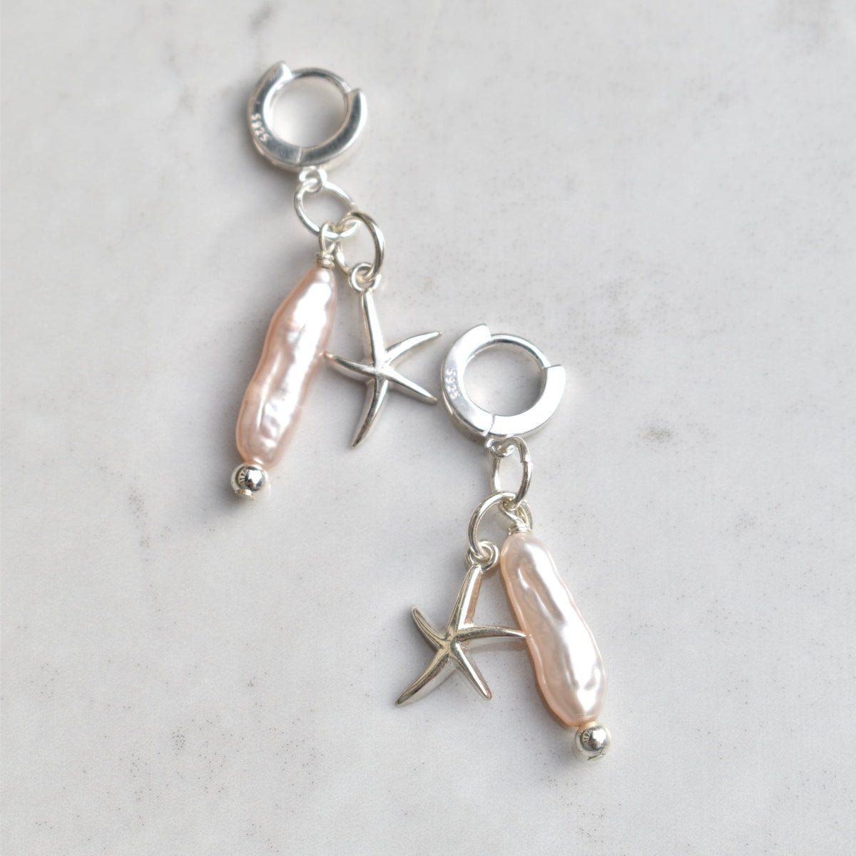 Pink Biwa Stick Pearl Earrings with Starfish Charm