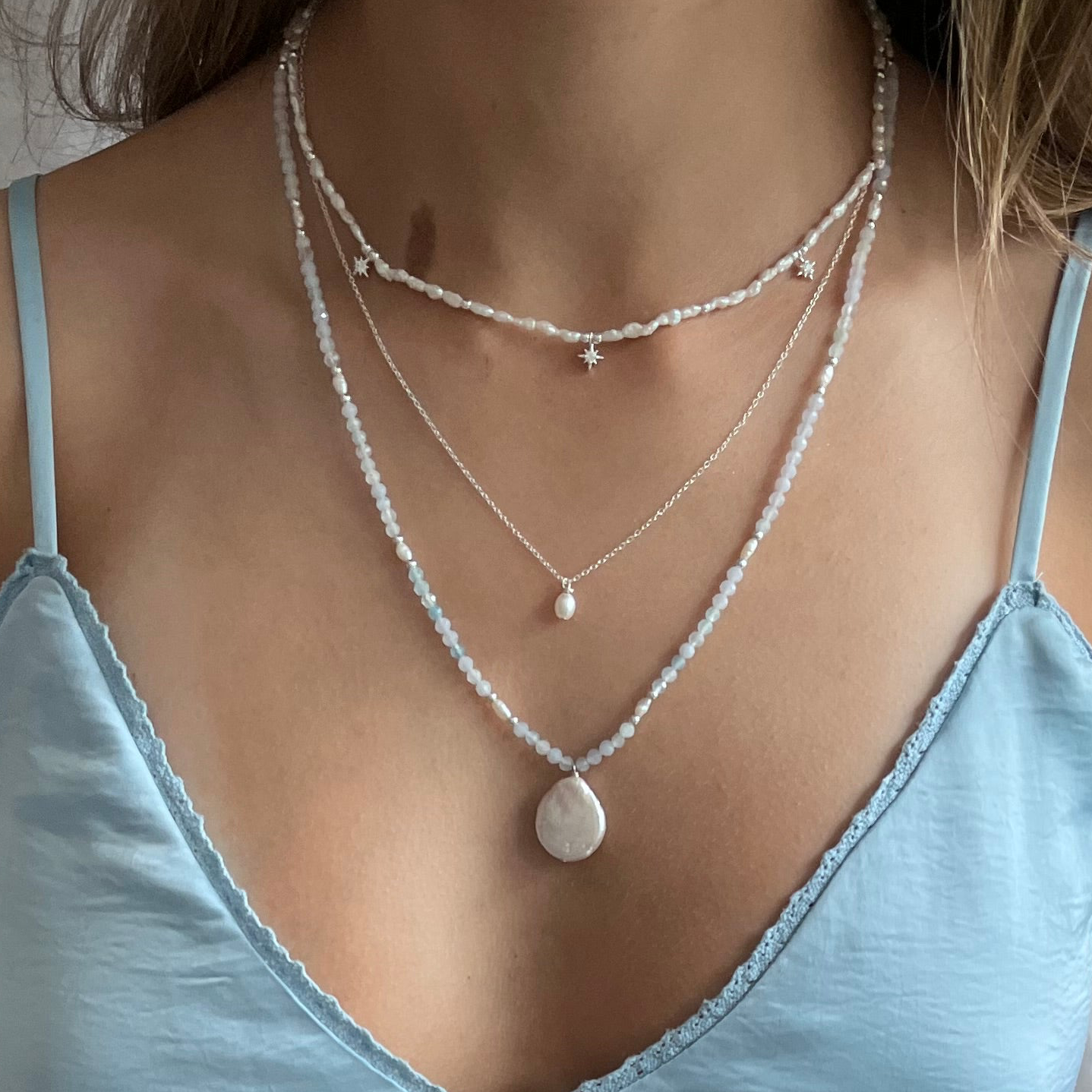 Charlotte Freshwater Pearl and Aquamarine Pendant Necklace