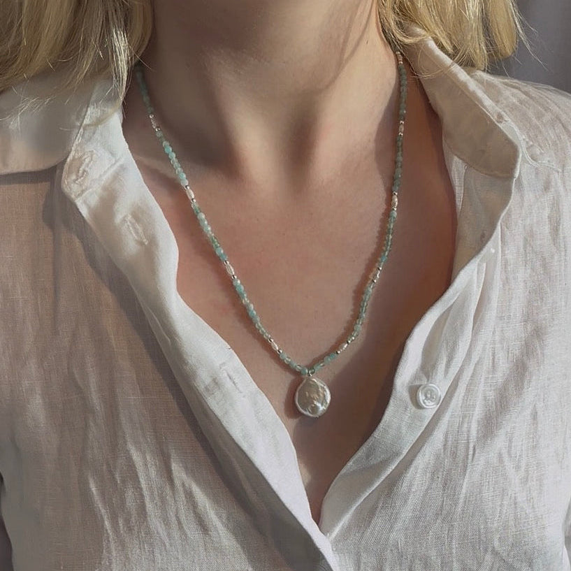 Charlotte Freshwater Pearl and Amazonite Pendant Necklace