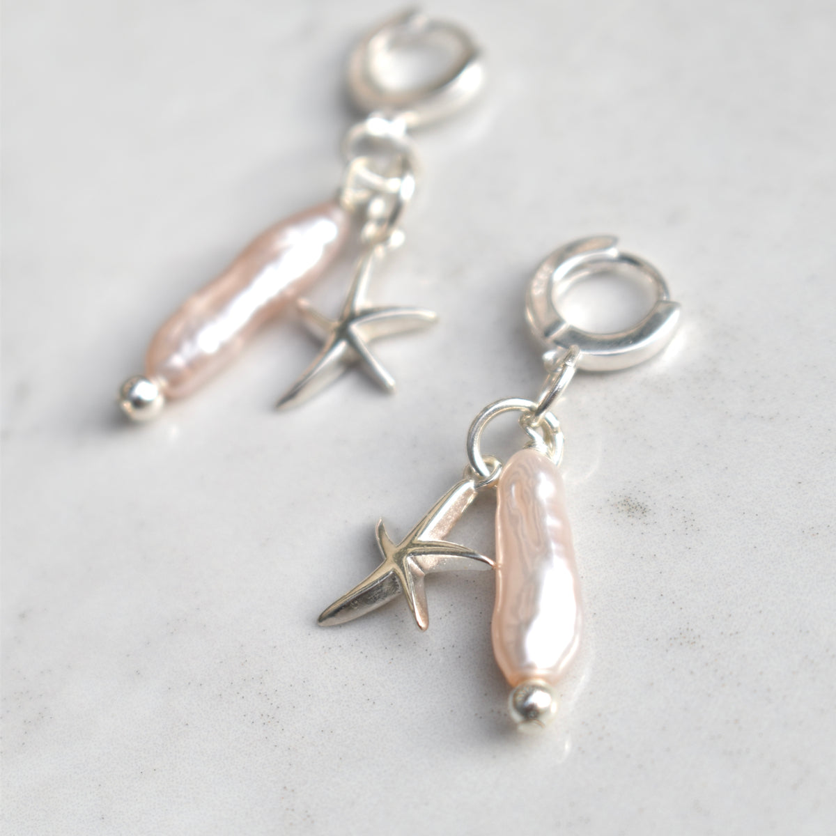 Pink Biwa Stick Pearl Earrings with Starfish Charm
